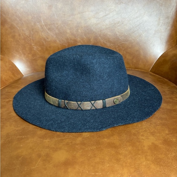 Pistil Soho Felt Wide Brim Navy Wool Hat Brown leather band Fedora One Size - Picture 3 of 5